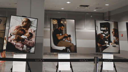 September 5, 2019 Ukraine, Boryspil Airport - Photo exhibition Swedish Fathers - Creative photos about fathers and childrenのeditorial素材