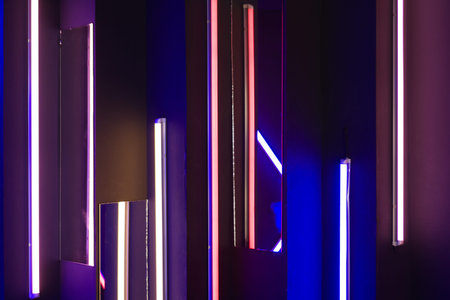 Background of an empty room with brick walls and neon lights, laser lines