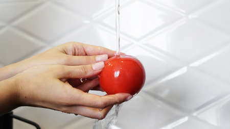 Woman washing tomatoes and tomato in her hands - white kitchen backgroundの写真素材