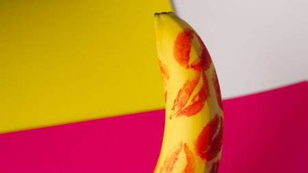 Red lipstick on a yellow banana on a pink background. Love and sex concept.