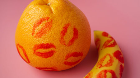 Composition with fresh banana with traces of red lipstick and grapefruit on pink background. Sex...