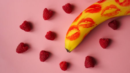 Red lipstick on a yellow banana on a pink background with banana raspberries. Love concept.の写真素材
