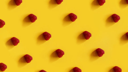Raspberry rows on a yellow background. Summer imageの写真素材
