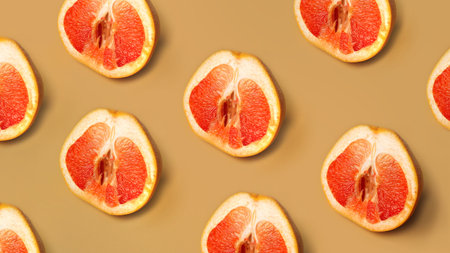 Grapefruit pattern on golden background. Minimal flat lay concept.
