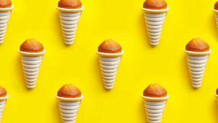 Icecream waffle cone and cupcake pattern isolated on yellow background