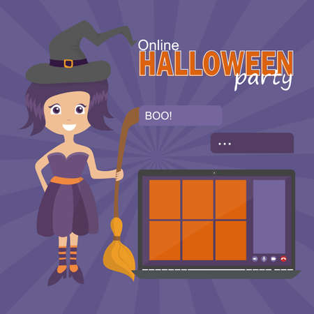 Online Halloween party concept, computer screen have video conference to celebrate, video call with funny witch, flat vector illustrationのイラスト素材
