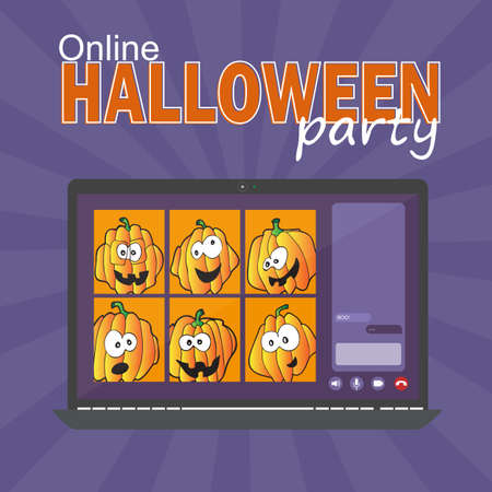 Online Halloween party concept, computer screen have video conference to celebrate, video call with funny pumpkins, flat vector illustrationのイラスト素材