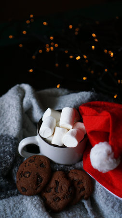 Mug of hot chocolate with christmas hat, marshmallow and chocolate cookies. Christmas spirit, hot...