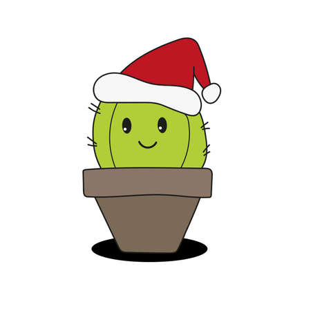 Cute and funny fat cactus wearing Santa hat for Christmas and smiling - vector.のイラスト素材