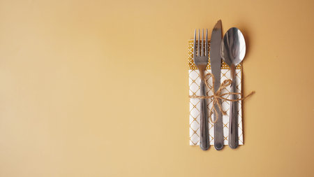 Festive table setting on simple gold background. Beautiful flat lay arrangement.の写真素材