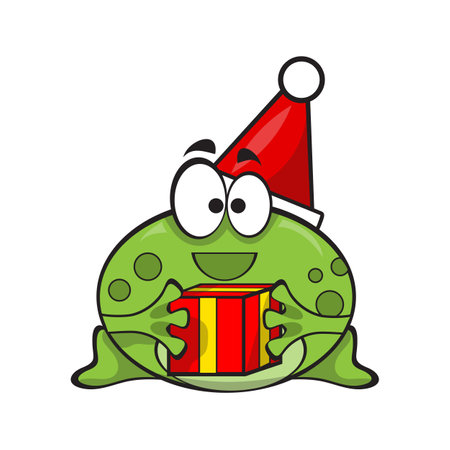 Cute and funny frog wearing Santa hat with gift for christmas - vectorのイラスト素材