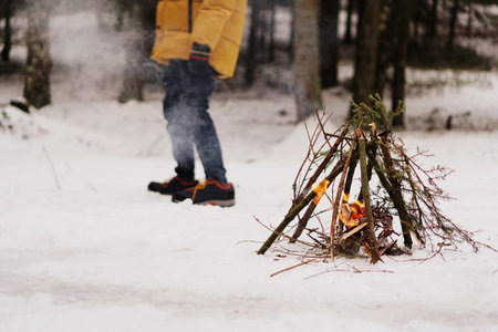 Tourists at a halt. Preparation for making a fire from spruce branches. Winter forestの写真素材