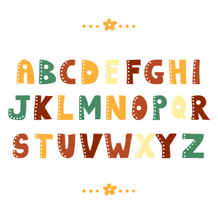 Funny doodle alphabet. Colorful creative design ABC hand drawn cartoon lettersのイラスト素材