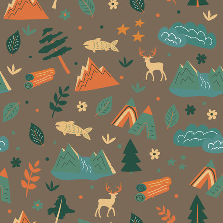 Seamless pattern. Mountains, tents in the forest, animals. Theme for kids scouts and travelers. Pattern in vectorのイラスト素材