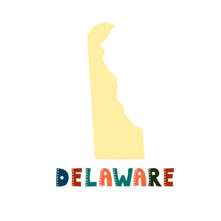 USA collection. Map of Delaware - yellow silhouette. Doodling style letteringのイラスト素材