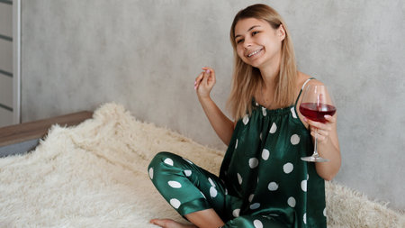 Girl in green pajamas in bed with a glass of red wine. Morning wine in bedの写真素材
