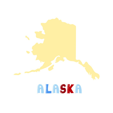 USA collection. Map of Alaska - yellow silhouette. Doodling style letteringのイラスト素材