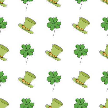 Saint Patrick day seamless pattern - clover leaves and green bowler hat, simple holiday vector background for wrapping, textile, digital paperのイラスト素材
