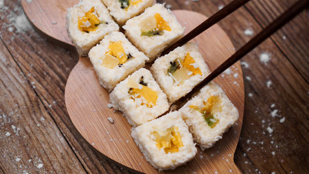 Sushi delivery. Sweet rolls made from rice, pineapple, kiwi and mango. Rolls on a wooden background. Wooden sticks for sushi.の写真素材