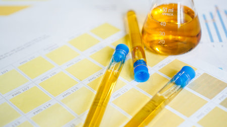 Flask and test tubes with urine on medical color schemes. The concept of laboratory analyzes, ph...