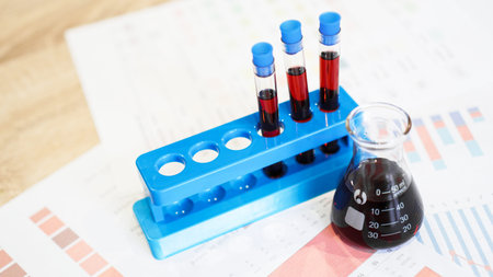 Test tubes on a stand and a flask with red blood on medical documents. Analysis, diagnosis and...