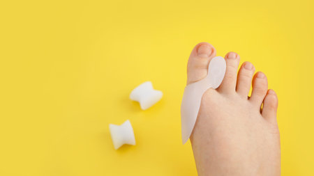 Silicone finger separator. Orthopedic thumb corrector. Legs on a bright yellow background.