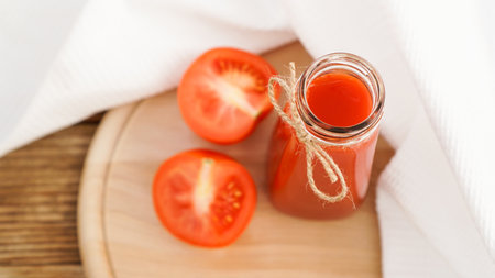 Tomato juice in glass bottle and fresh tomatoes on wooden cutting board and white towelの写真素材