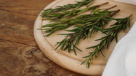 Sprigs of rosemary on a wooden board for cutting. Rustic style. Spiceの写真素材