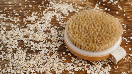 Wooden round massage brush on a wooden background. Scattered oatmeal.