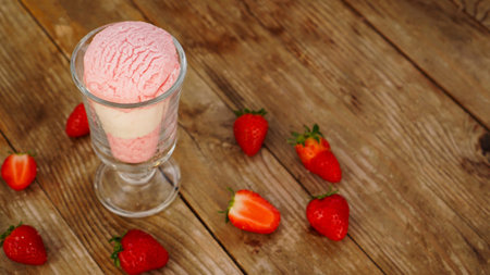 Strawberry and vanilla ice cream in a glass glassの写真素材