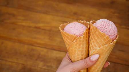 Close up image of woman hand holding two raspberry ice creamの写真素材