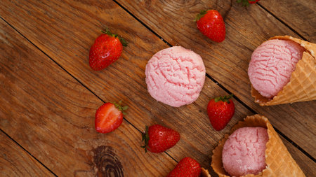 Strawberry ice cream in a waffle cone. Red berries and ice cream balls