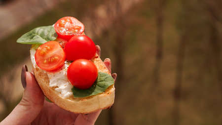 Womans hand with cherry tomato bruschetta. Italian wine appetizerの写真素材