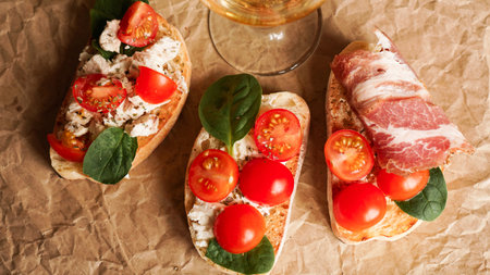 Bruschetta with cherry tomatoes. Italian appetizer. Set of three bruschettesの写真素材
