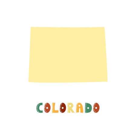 Colorado map isolated. USA collection. Map of Colorado - yellow silhouette. Doodling style lettering on whiteのイラスト素材