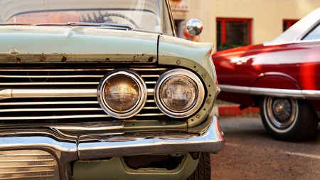 Retro car. Old vintage car. Headlight close up. Exhibition of retro car.