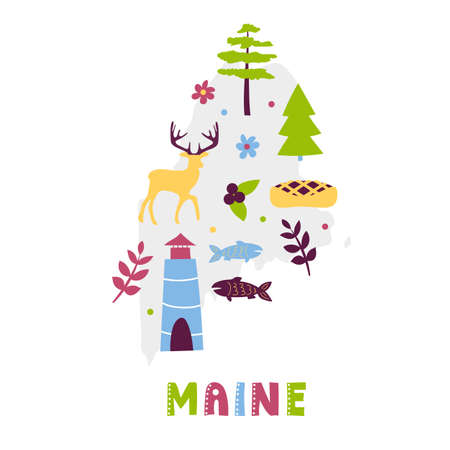 USA map collection. State symbols and nature on gray state silhouette - Maine. Cartoon simple style for printのイラスト素材