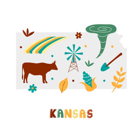 USA map collection. State symbols and nature on gray state silhouette - Kansas. Cartoon simple style for printのイラスト素材