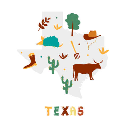 USA map collection. State symbols and nature on gray state silhouette - Texas. Cartoon simple style for printのイラスト素材