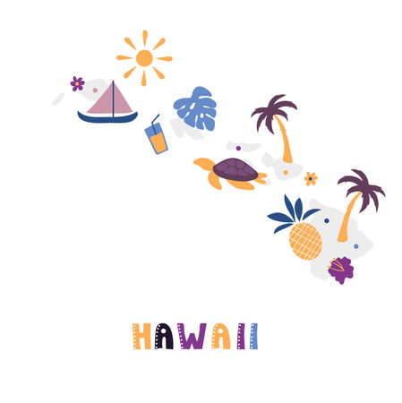 USA map collection. State symbols and nature on gray state silhouette - Hawaii. Cartoon simple style for printのイラスト素材