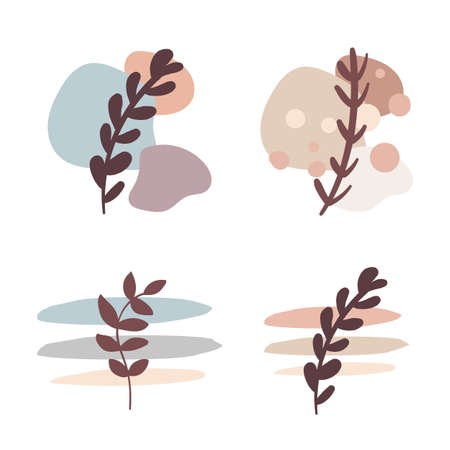 Set Abstract beige decor with sprout and leaves. Modern pastel colors. Hand drawn various shapes and doodle objects. Contemporary trendy vectorのイラスト素材
