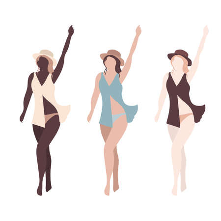 Three women with different skin colors. Girls in hats, sea mood, abstract illustration in brown tones. Promotion fashion bannerのイラスト素材