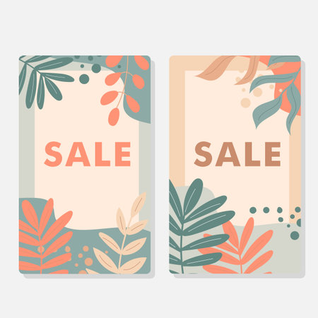 Abstract leaves art. A set of discount cards in pastel colors. Autumn leaves and decor elements. Sale tag. Vector illustrationのイラスト素材
