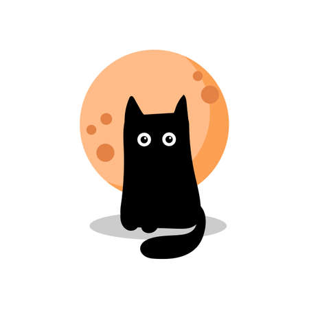Black cat on the background of an orange full moon. Halloween card on white background. Image for design invitationsのイラスト素材