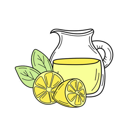 Yellow lemons and lemonade in glass jug. Fresh summer drink. Isolated hand drawn image on white background. Detox and healthy life.のイラスト素材