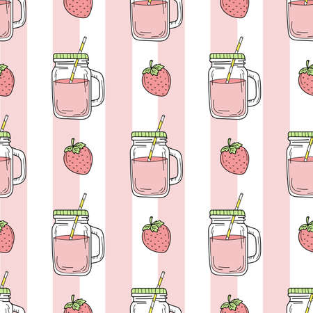 Strawberry smoothie - Seamless pattern on background. Lemonade in glass jar. Fresh summer drink. Perfect for restaurants, menu design, banners, flyersのイラスト素材