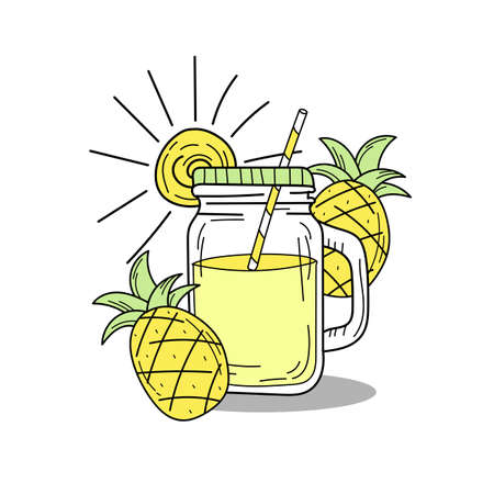 Hand drawn watermelon lemonade in a glass jar. Vector on white background. Fresh summer drinkのイラスト素材