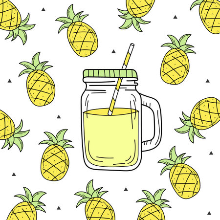 Hand drawn watermelon lemonade in a glass jar. Vector on white background. Fresh summer drink