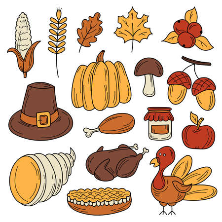 Colorful vector hand drawn doodle cartoon set of objects and symbols on the Thanksgiving autumn themeのイラスト素材