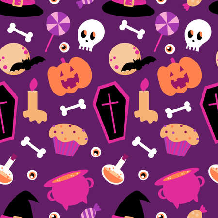 Halloween seamless pattern on a purple background. Cartoon seamless pattern. Endless texture for festive designのイラスト素材